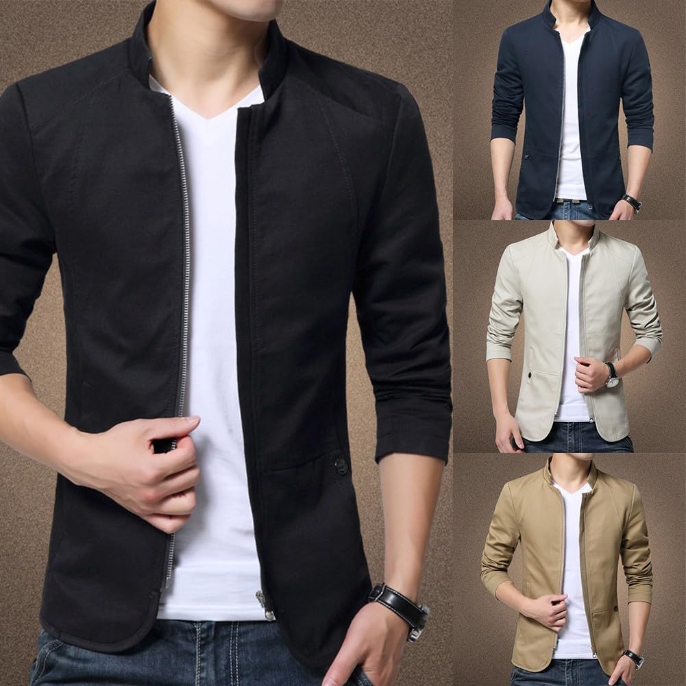 Chaqueta de traje formal con cremallera para negocios, con cuello, chaqueta casual para hombre (talla L, azul marino)