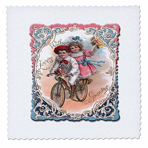 3dRose Cute Boy and Girl on A Tandem Bicycle with Ornate Victorian Frame - Quilt Square, 12 by 12" (qs_170261_4)