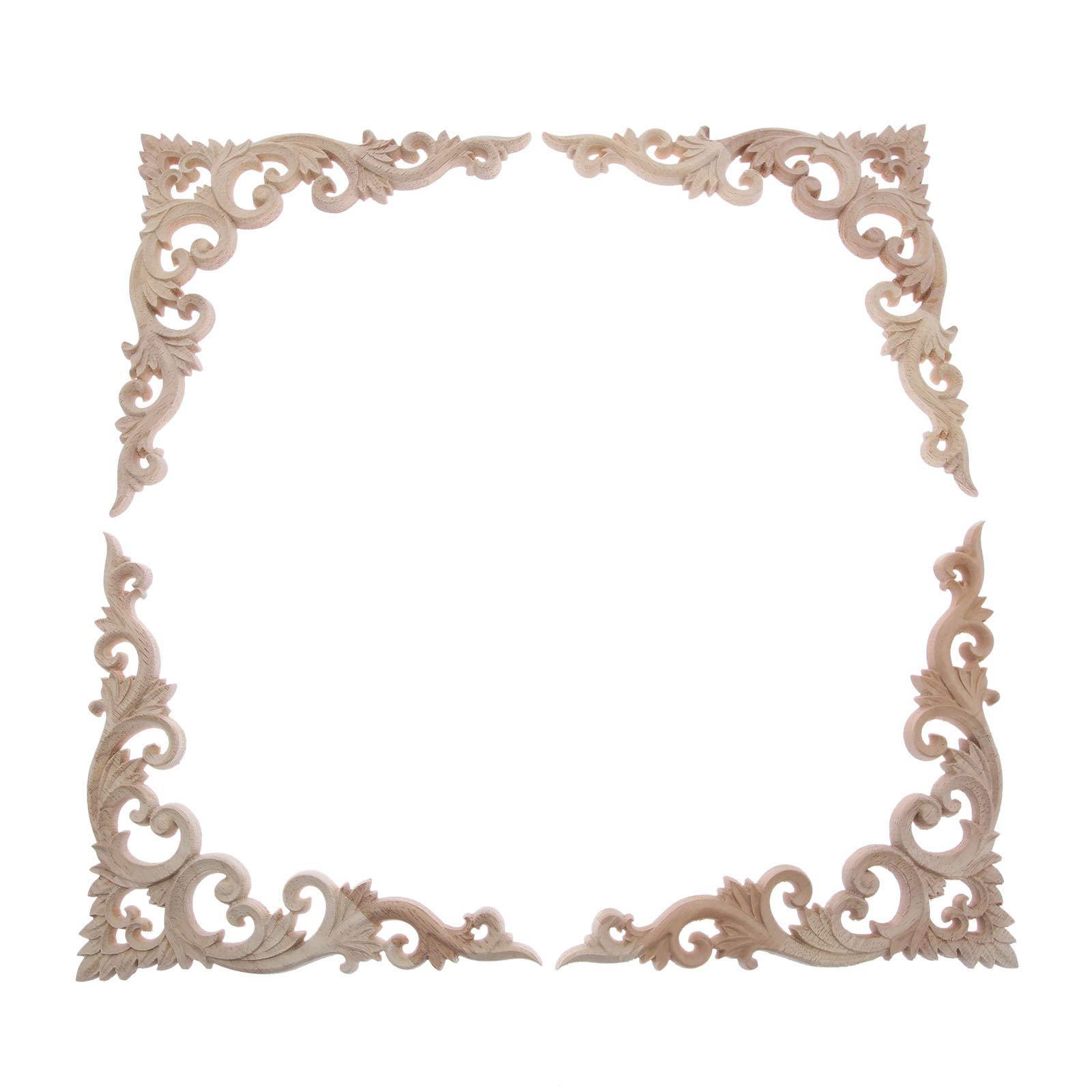 MUXSAM Wood Appliques Decorative Wood Onlays for Furniture, 4Pcs Unpainted DIY Retro Wooden Corner Carving Decals for Door Fireplace Dresser Cabinet Mirror Bed Mantel Decor, 20x20cm/7.87
