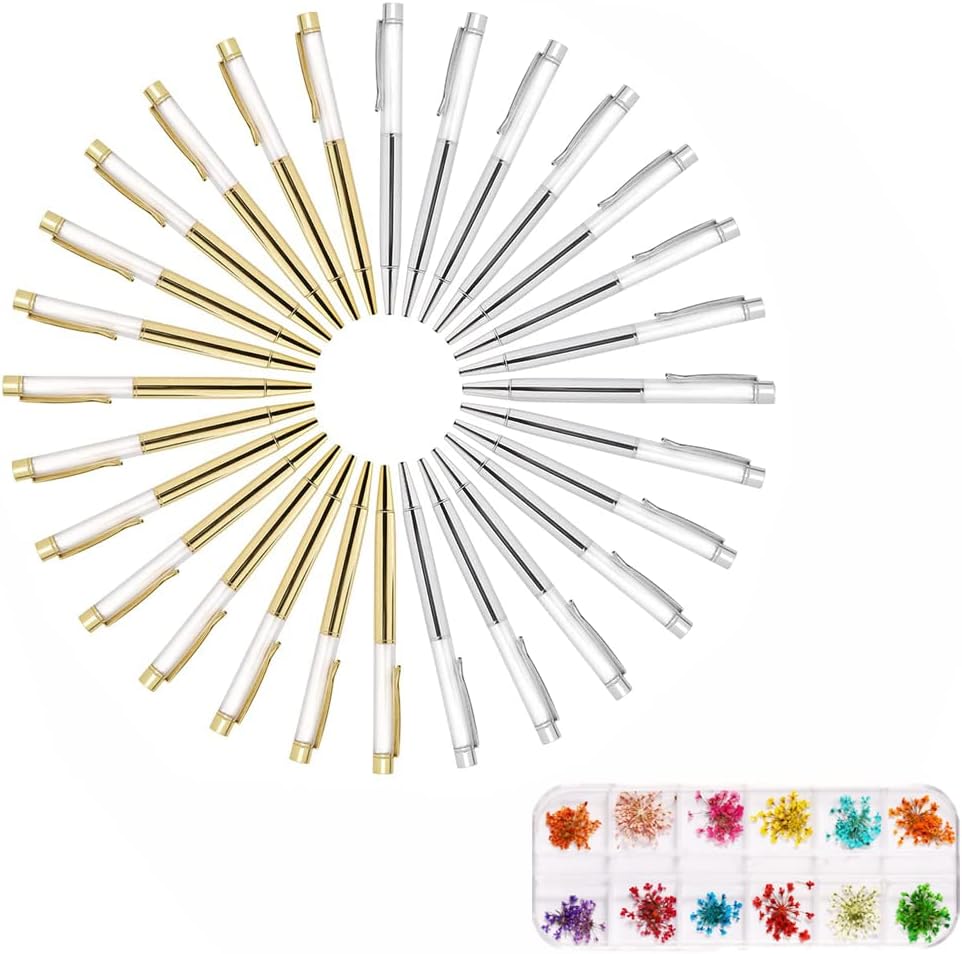 28 Pack Colorful Empty Tube Floating DIY Pens, with 12 Kinds of Dried Flowers Building Your Favorite Liquid Sand Gift Sliver Gold