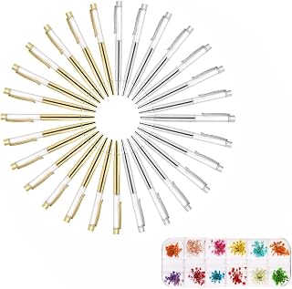 28 Pack Colorful Empty Tube Floating DIY Pens, with 12 Kinds of Dried Flowers Building Your Favorite Liquid Sand Gift Sliver Gold