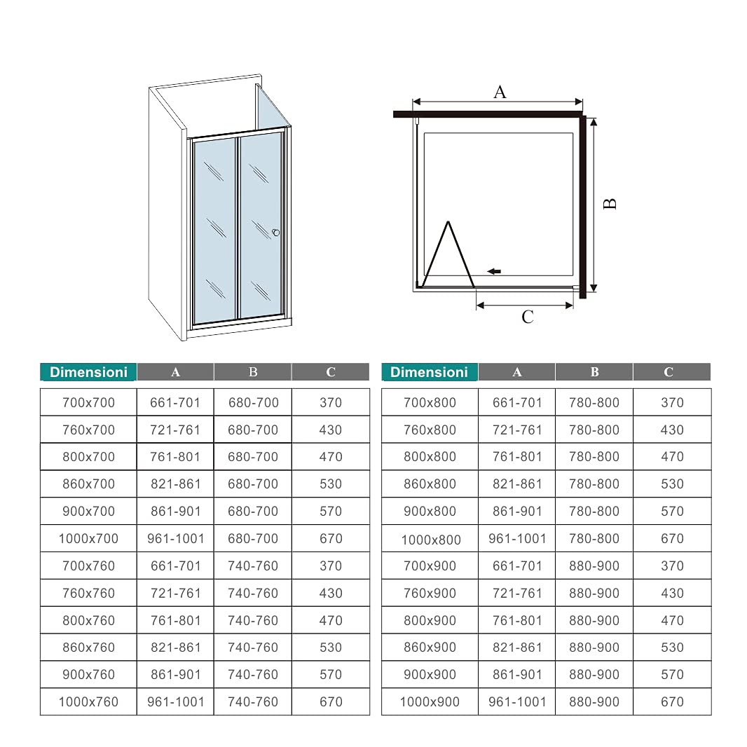 H.185cm Box Doccia Angolare 70x70cm Porta a Soffietto vetro 5mm Profilo