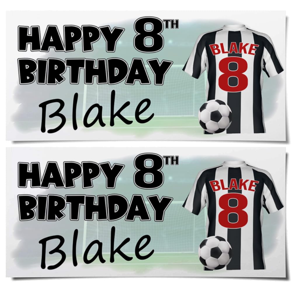 Personalised Football Birthday Banners – Black and White Striped Colour Shirts with Any Name & Age/Number – Boys & Girls Party Decoration – Custom Birthday Supplies (Pack of 4)