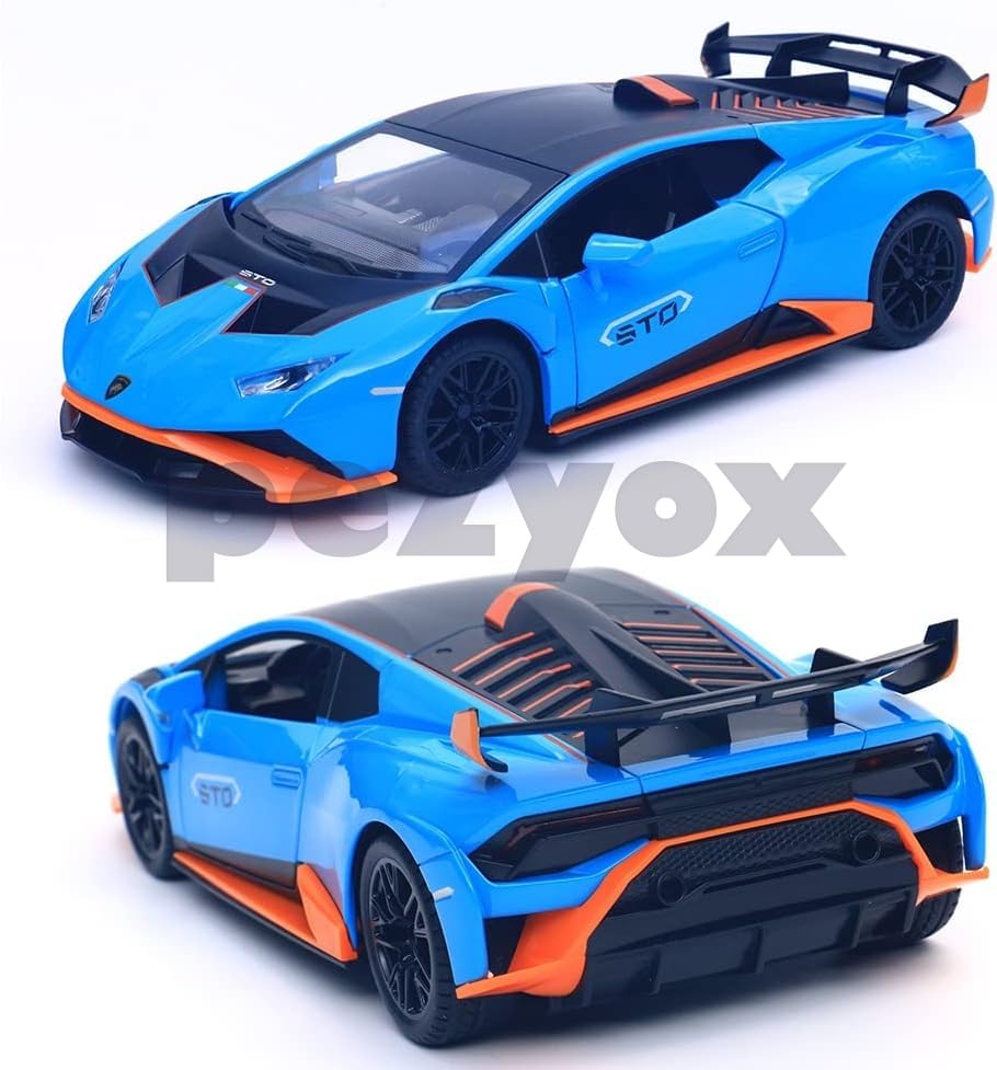 Image of Lambo Huracan STO 1:24 Big Size Diecast Scale Model Alloy Metal Pull Back Toy car for Kids with Openable Doors & Light, Music Toy Vehicle for Kids (Blue)