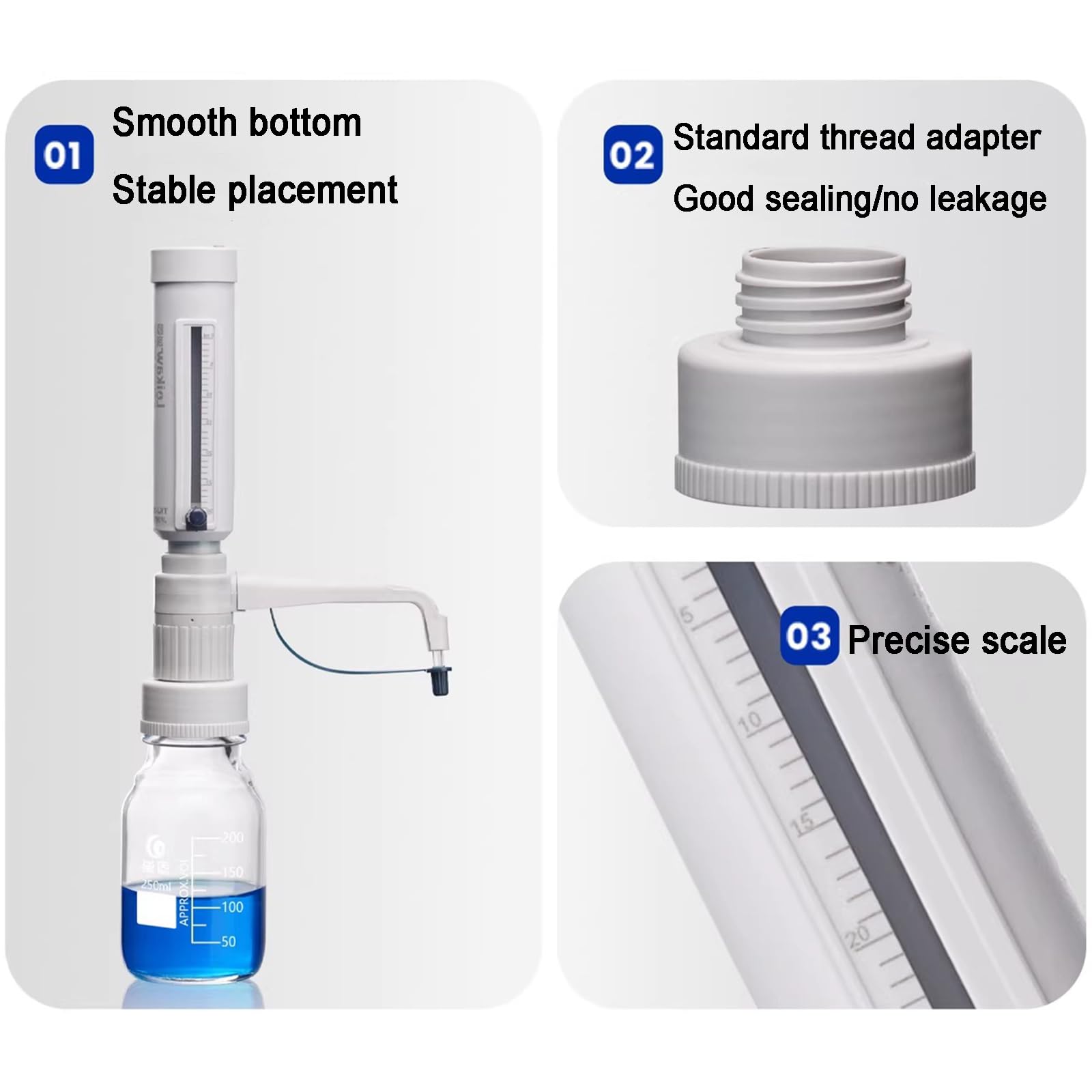 Labor-Flüssigkeitsspender Bürette mit 5 Standard-Gewindeadaptern, einstellbares Volumen 5-30 ml, präzise Dosierung von Chemikalien und Reagenzien aus Flaschen