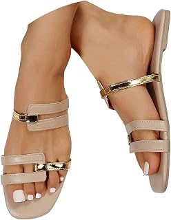 Flat Sandals for Women 2026 Dressy Summer Open Toe Double Strap Sandals with Gold Metal Accents Hollow Out Casual Dressy Slip-On Square Toe Flat Slides Beach Travel Shoes