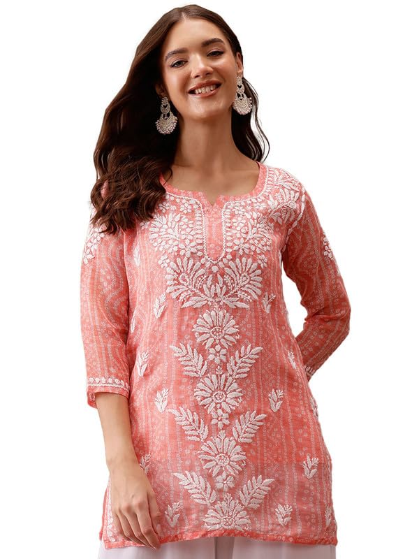 Ada Hand Embroidered Lucknowi Chikankari Printed Kota Doria Short Kurti Top Tunic with Slip for Women A911440