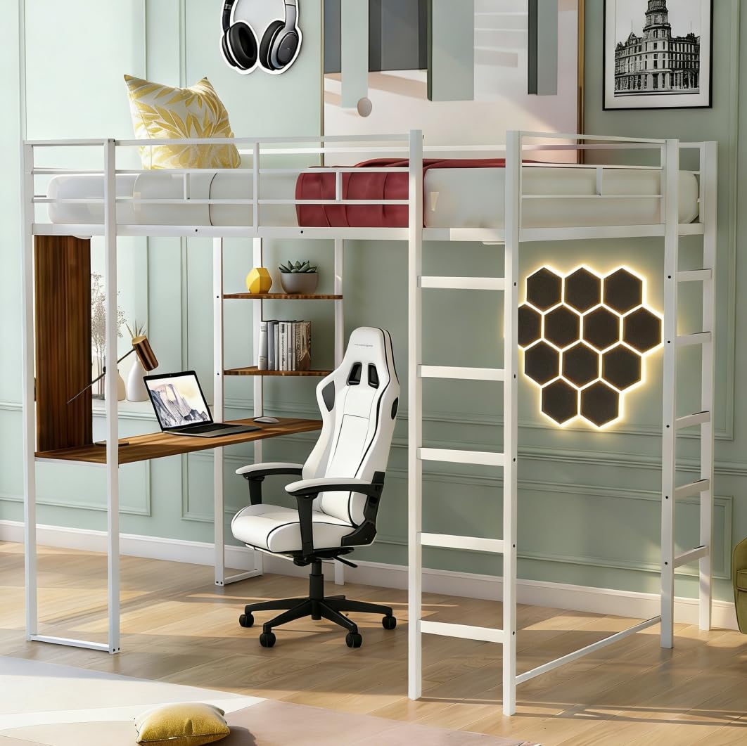 Bellemave Full Size Loft Bed with Desk and 2 Shelves, Metal Full loft bedframe with Desk on The Left, White