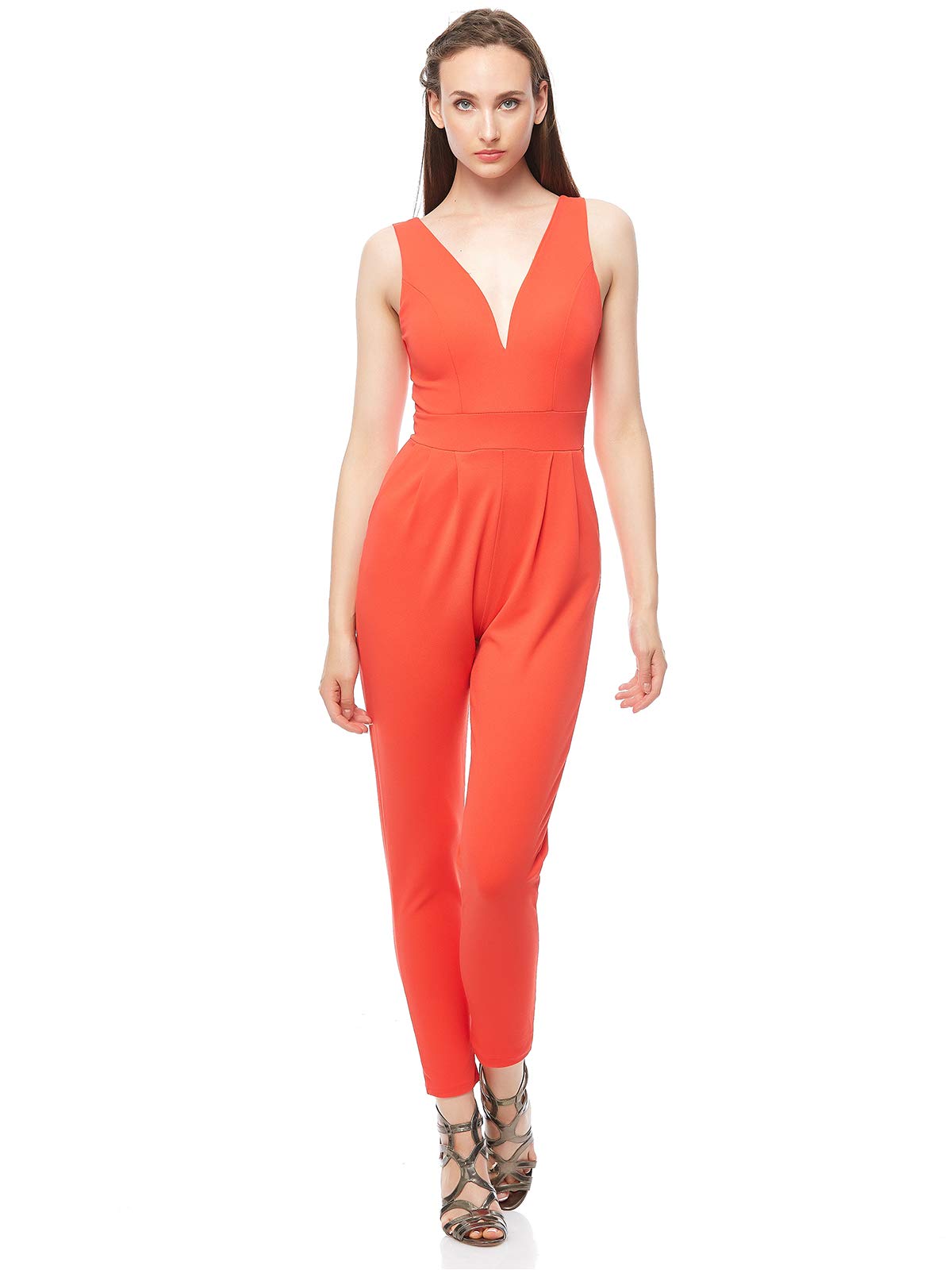 Wal GSolid Padded V Neck Jumpsuit for Women - Coral