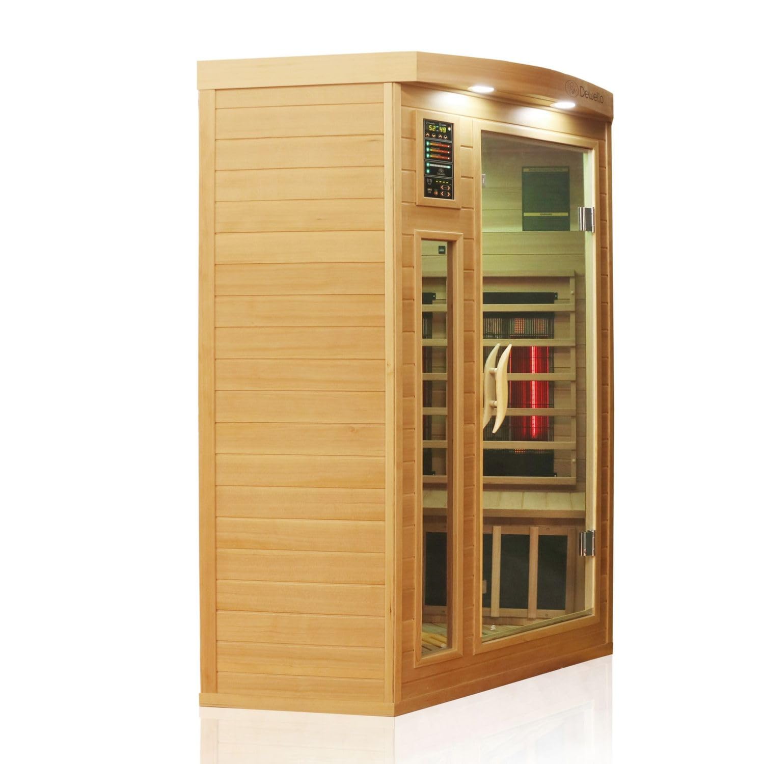 Dewello® Infrarotkabine Infrarotsauna LAKEFIELD PRO 140x140 inkl. Duo Strahler, Vollspektrumstrahler, Bodenstrahler Hemlockholz & Zedernholz, LED-Farblicht, Bluetooth, FM,MP3,USB