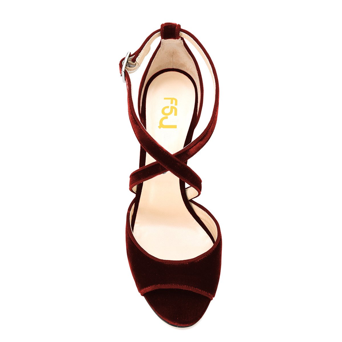 FSJ Women Elegant Peep Toe Sandals Chunky High Heel Pumps Cross Strap Velvet Suede Dress Pumps Size 4-15 US: 10 Wine