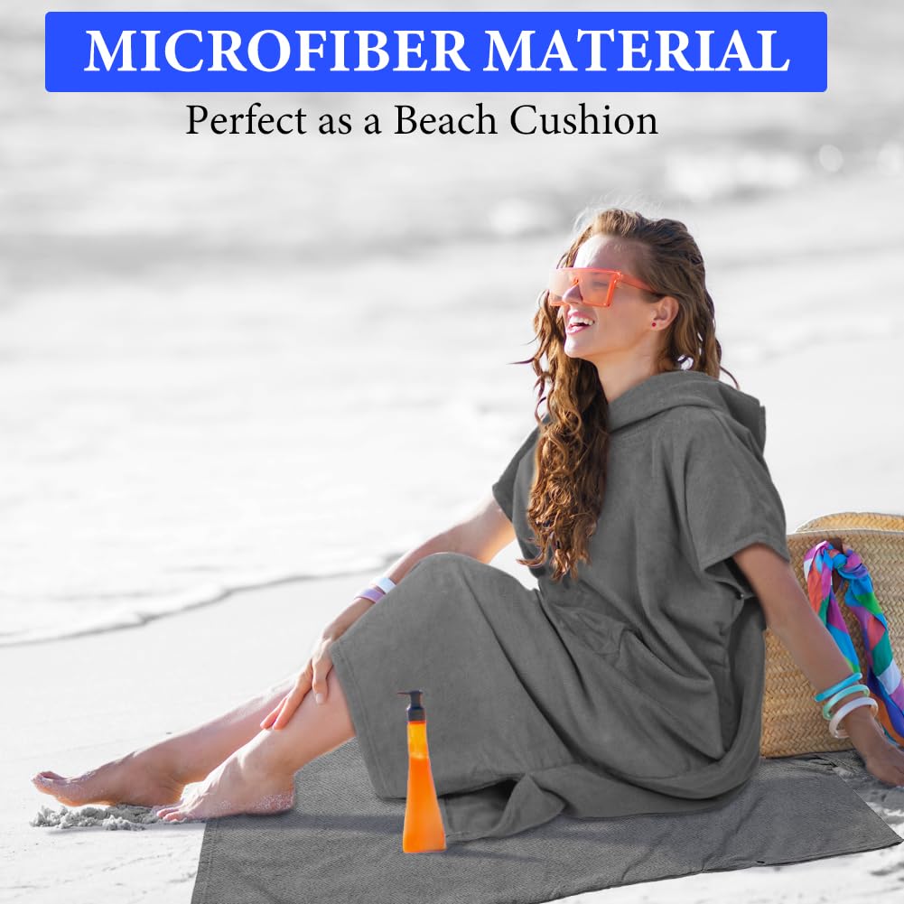 AUYAO Poncho Surf, 110cmX78cm Poncho de Toalla con Capucha para Adultos, Capa Cambiarse, Microfibra de Secado Rápido, Toalla Poncho con Bolsillos Unisex Ideal para Vacaciones Surf Playa, Gris Claro