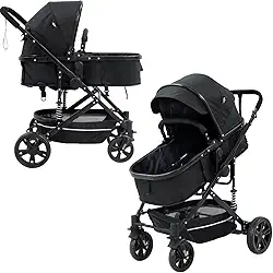Carrinho de Bebê Passeio Reversível Moisés 2 em 1 Baby Style Wonder 15Kg Dobrável Compacto Confortável Assento Ajustável Capota Cesto 4 Rodas Preto