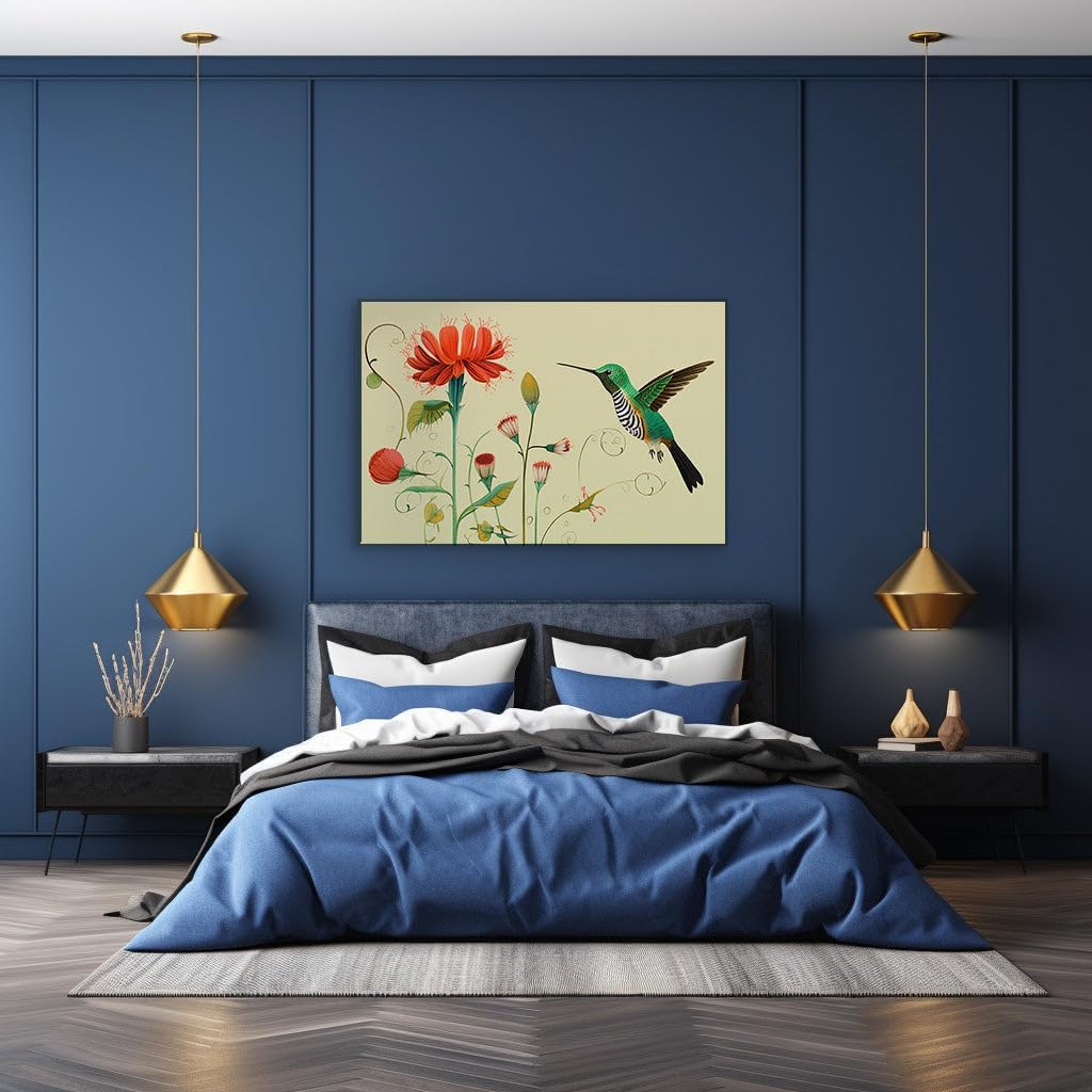 Canvas for Living room. Vibrant Encounter: A Hummingbird's Dance with a Radiant Red Blossom, 27 x 18 inch Canvas Wall Art - Abstract By Atmosphere - Nature Home Decor