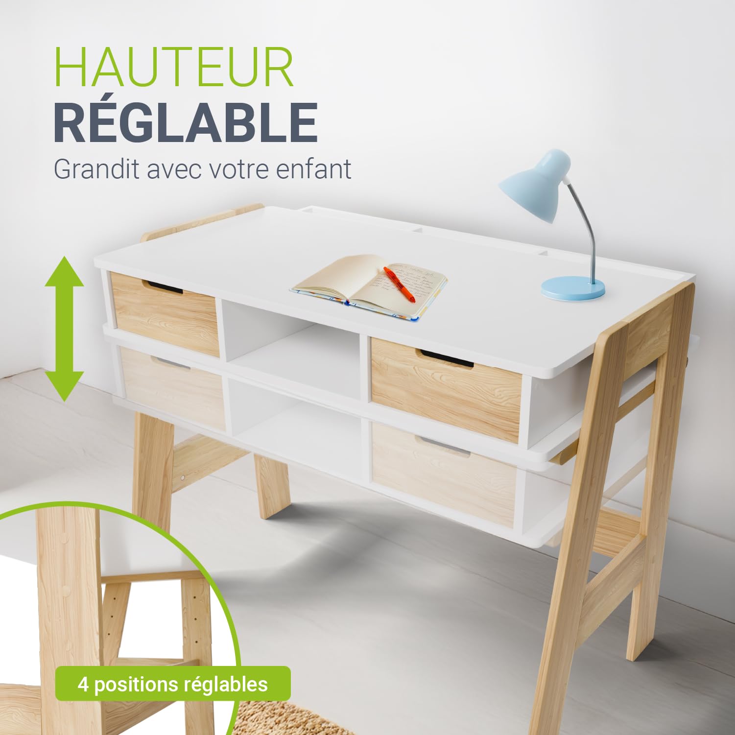 Juskys Bureau Enfant Fietje Bureau Réglable en Hauteur 2 Tiroirs Matériau Robuste Antirayures Grand Espace de Rangement