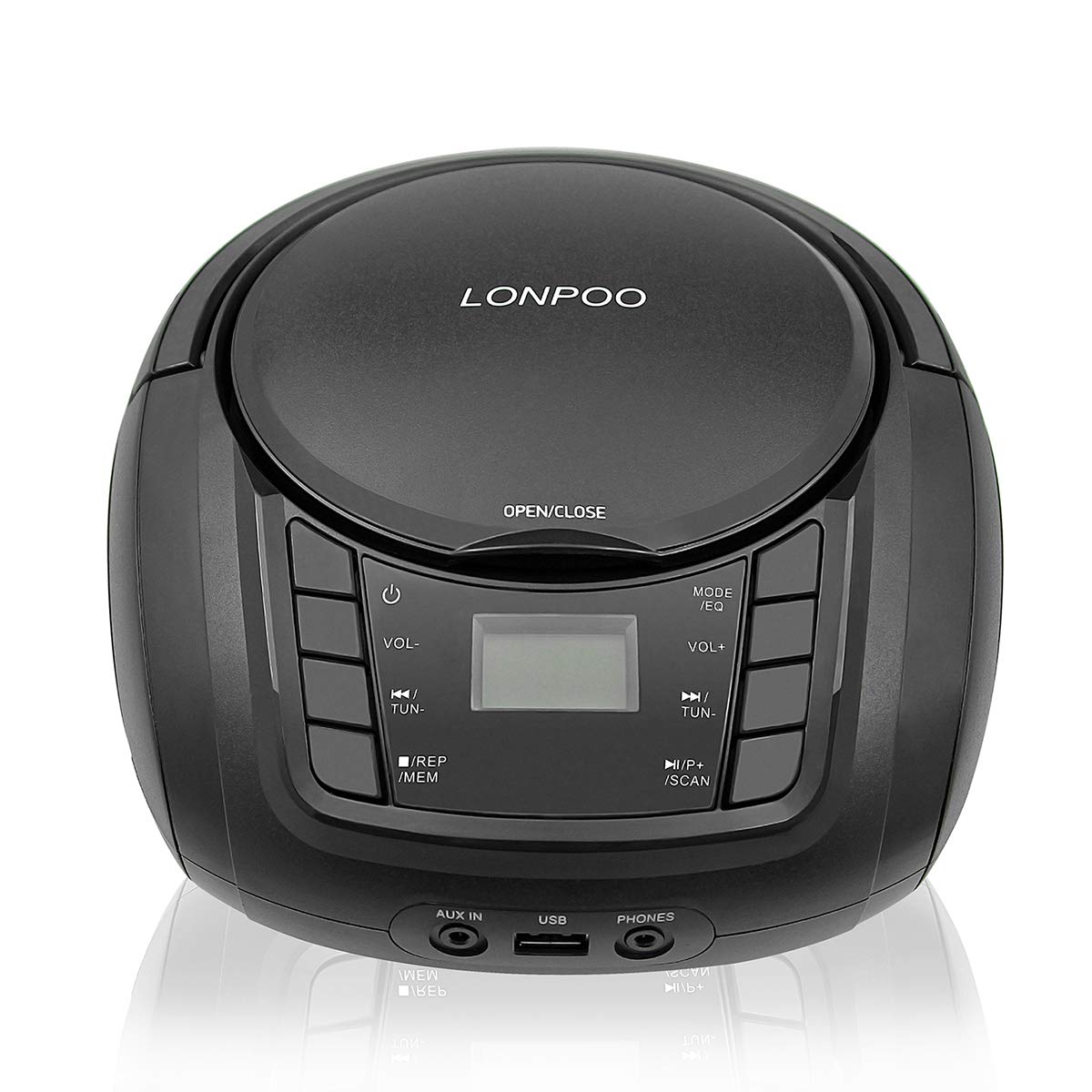 Lettore CD Portatile LONPOO Boombox Stereo Bluetooth con Altoparlanti Integrati, Ingresso USB, AUX, Uscita Cuffie (Black)