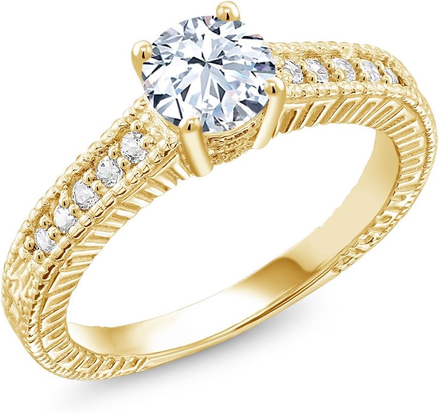 Gem Stone King 18K Yellow Gold Plated Silver White Created Sapphire Women Engagement Ring (1.35 Cttw)