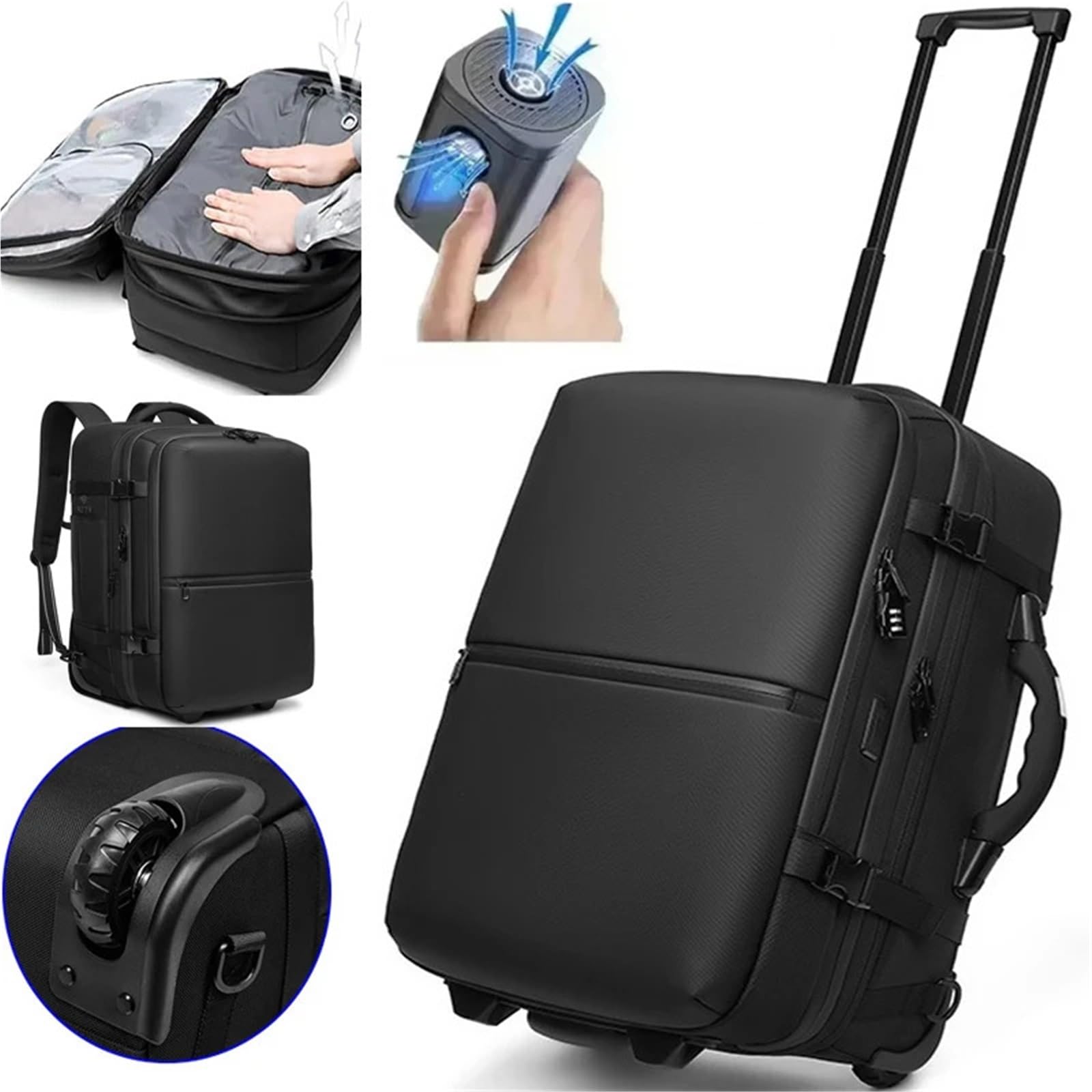 60L Vacuum Compression Backpack With Wheels Expandable Men Waterproof Carry On Travel Backpacks 17 Inch Laptop Backpack For Travel, Business(16,With air pump)