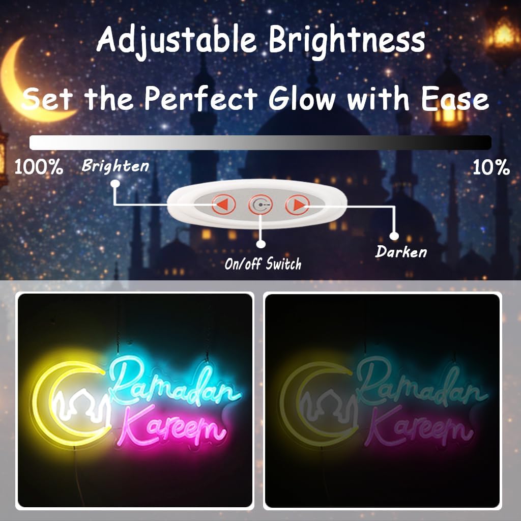Ramadan Decorations for Home, Ramadan Lights LED Neon Sign, Islamic Wall Decor Hanging Acrylic Light Up Moon Star, Ramadan Kareem Wall Art for Room Door Window Eid Party Supplies Gift