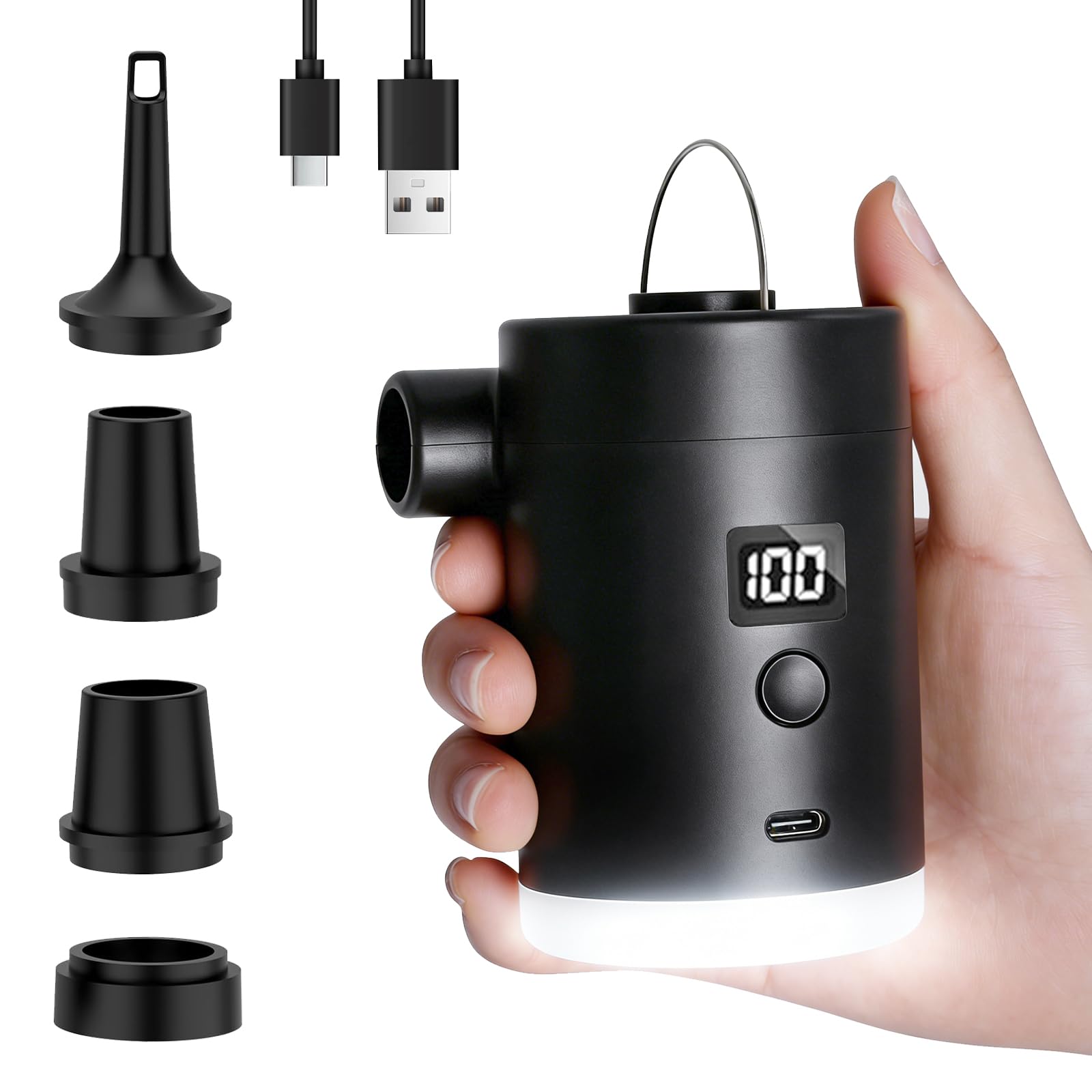 Portable Air Pump for Inflatables Electric Mini Air Bed Pump Type-C Rechargeable with Camping Light for Air Mattress Pool Floats Camping Travel