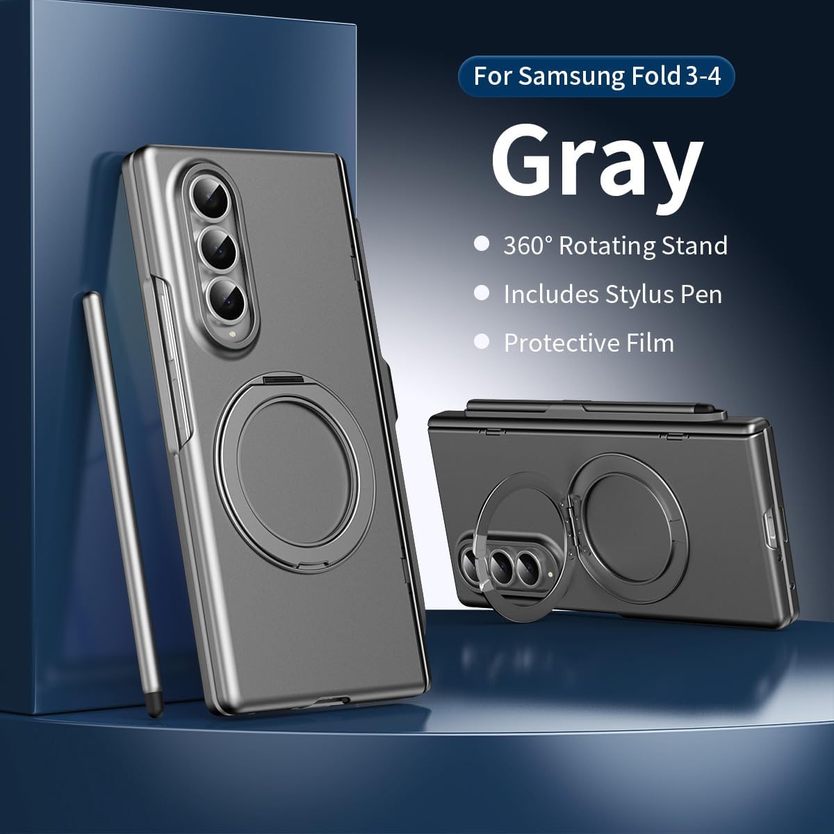 360° Spin Magnetic Stand for Galaxy Z Fold 4 Case, Hinge Protection, Fit for Mag-Safe, 360 Kickstand & Ring Holder, Case for Samsung Galaxy Z Fold4 with a Stylus Pen-Grey