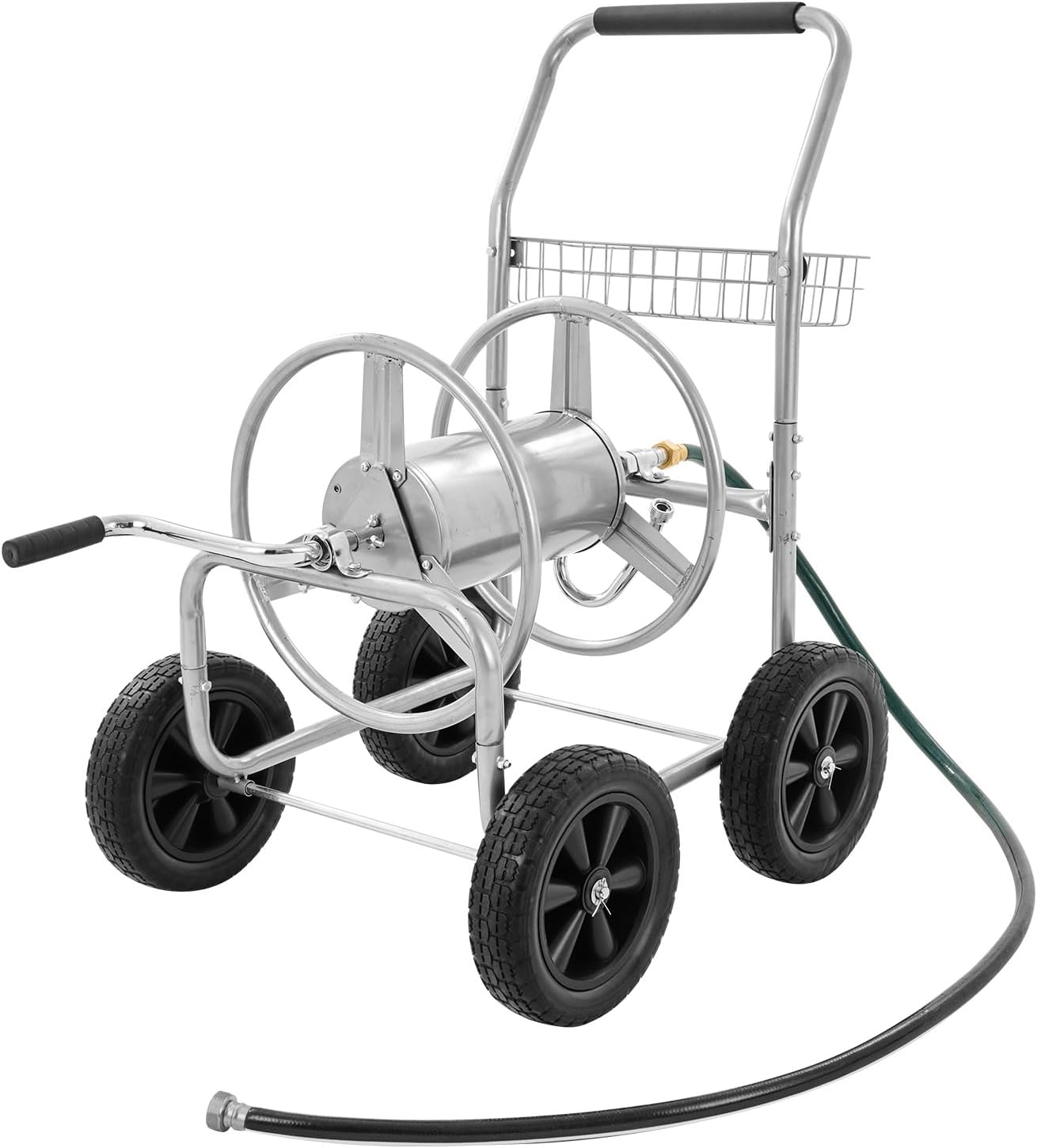 Hose Reel Cart: Holds 300 ft of 5/8" Hose, 4-Wheeled Mobile Garden Tool with Storage Basket, Heavy Duty Steel for Yard, Lawn, Garden