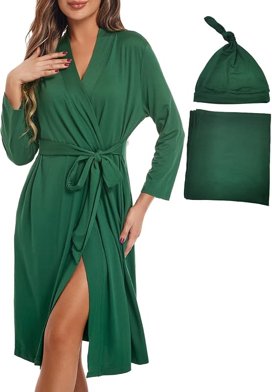 SUFEINI Maternity Mommy Robes with Matching Swaddle Blanket Set, Maternity Mommy Postpartum Bathrobe Sleepwear