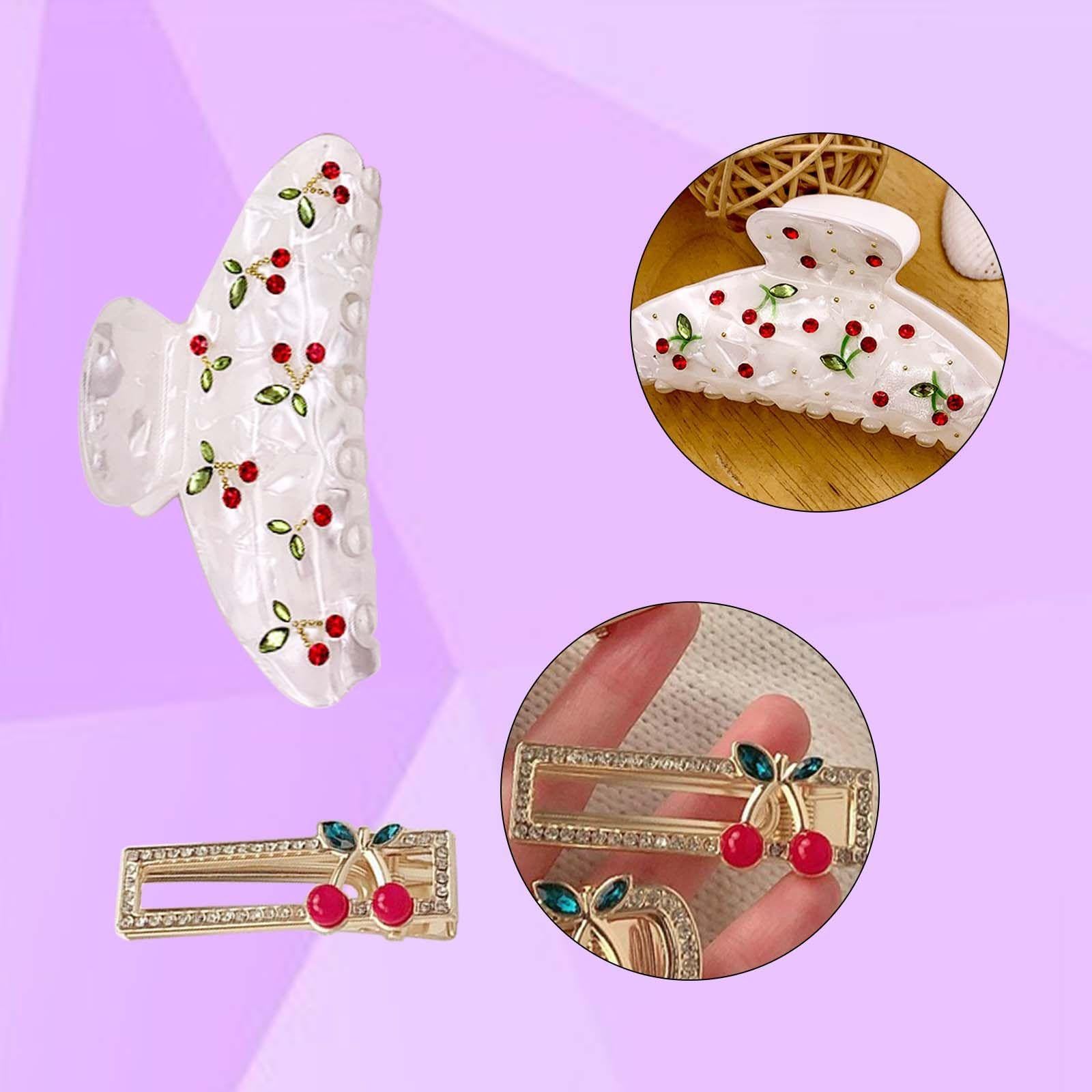 1 Piece Of Cherry Hair Clip, 2 Pieces Of Cherry Side Clip, Flash Diamond Gripper, Fixed Anti-Slip Clip - Image 3