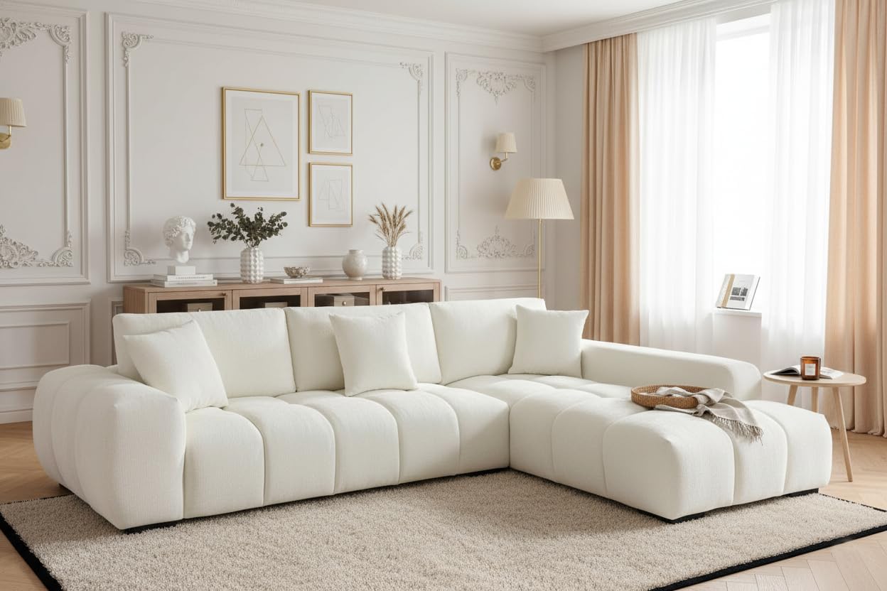 118" Modular Curved Back Sofa Cloud Couch for Living Room L-Shaped Oversized Sectional Sofa Minimalist Style Comfy Couch Chenille Boucle Sofa Chaise with Deep Seat & Wider Arms (Right Facing Chaise)