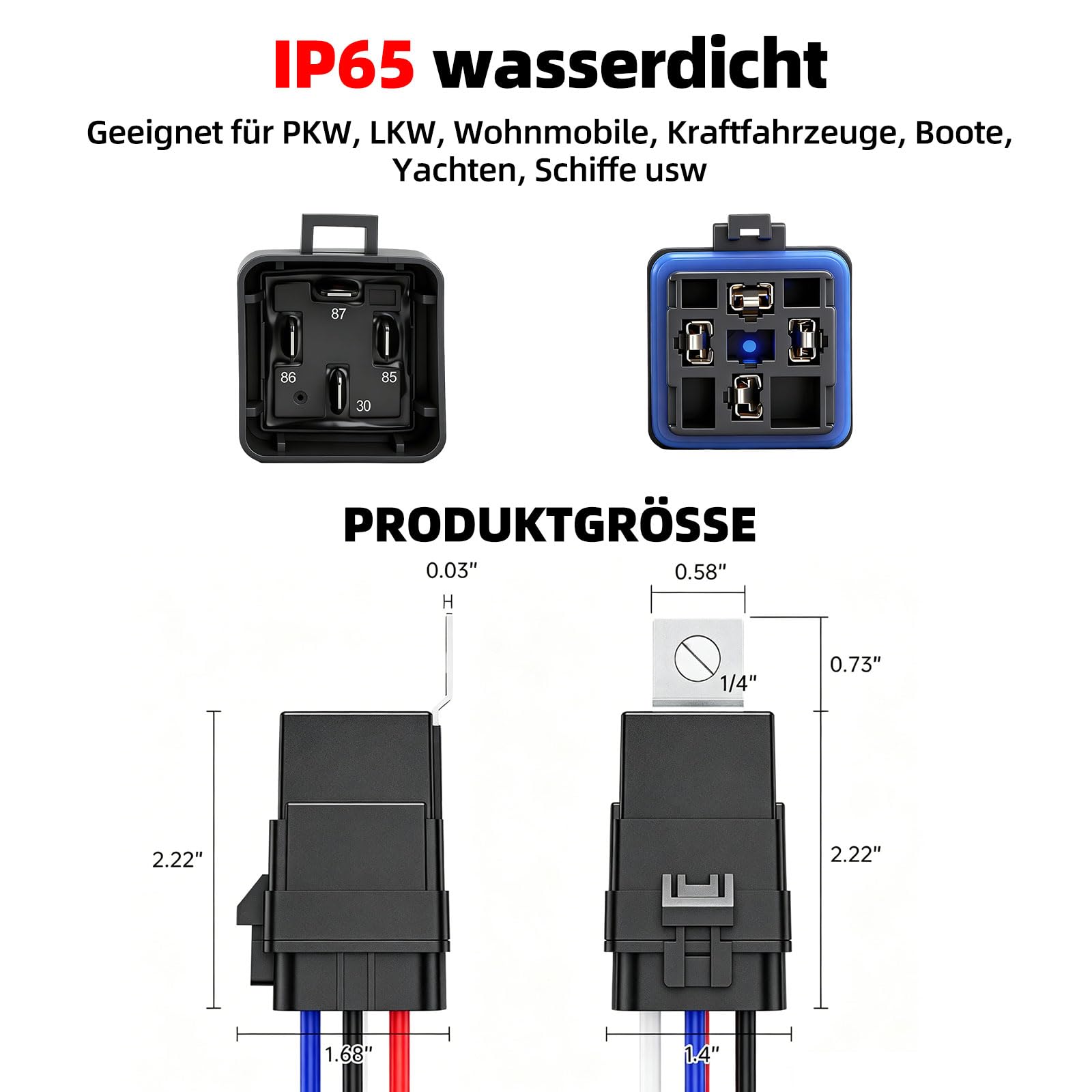 5 Stück 4-polige Relais 12V 40/30A | Kfz-Relais IP65 | Relay Mit Kabelbaum | 12AWG Hochbelastbare Verzinnte Kupferdrähte | SPST-Kfz-Relais-Set für Hupen Anlasser Kühlerlüfter
