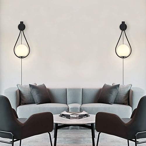 Miniatura 5 de BOKT Lámpara de pared de cristal moderna para colgar en la pared, apliques negros para dormitorio de mediados de siglo, luz de pared con enchufe