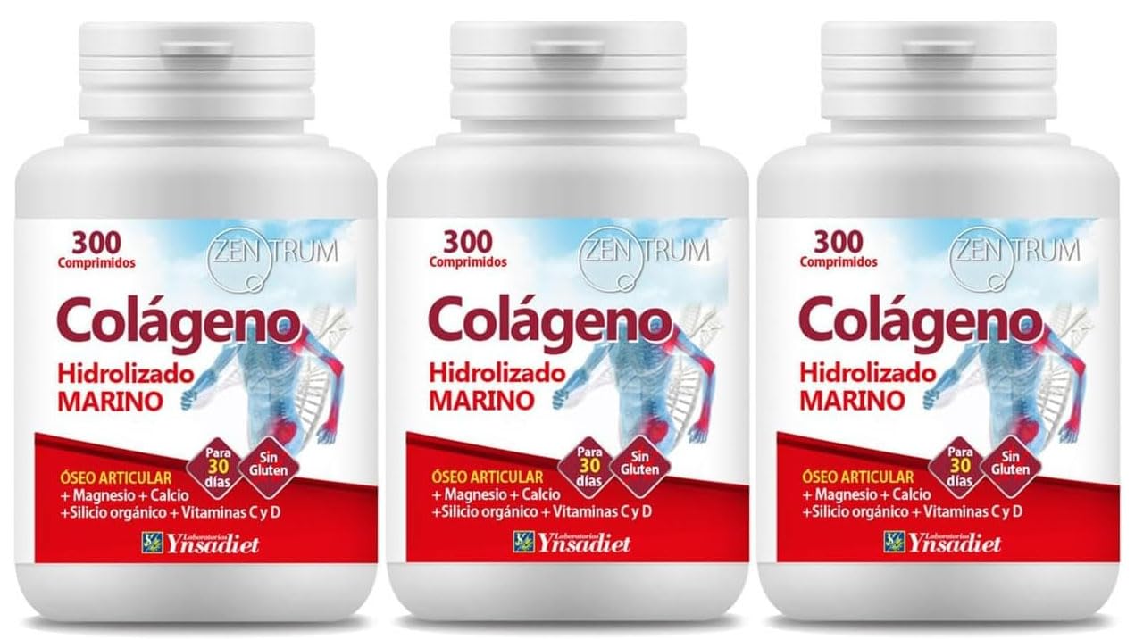 Pack 3 Colágeno Hidrolizado Marino Zentrum Ynsadiet, 900 comprimidos en total, con calcio, magnesio, vitamina C, bambú y vitamina D3, formato ahorro diario.