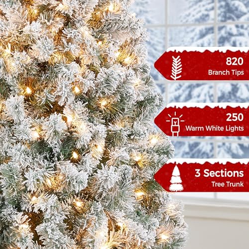 image for Yaheetech 6ft Snow Flocked Pre-lit Christmas Tree with 250 Warm White 