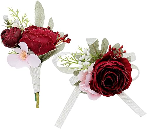 Hermoli Juego de ramilletes de muñeca nupcial flores de seda dama de honor muñeca Boutonniere de mano flores cinta pulsera hoja para mujer