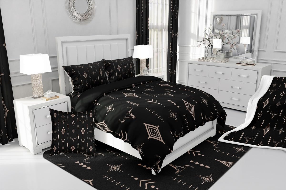Feelyou Rustic Western 7 Piece Bedding Set Queen Size Kids Western Tribal Bull Skull Bed in a Bag Adult Black Brown Boho Ethnic Aztec Cow Pattern Comforter Set with Sheets - Image 7