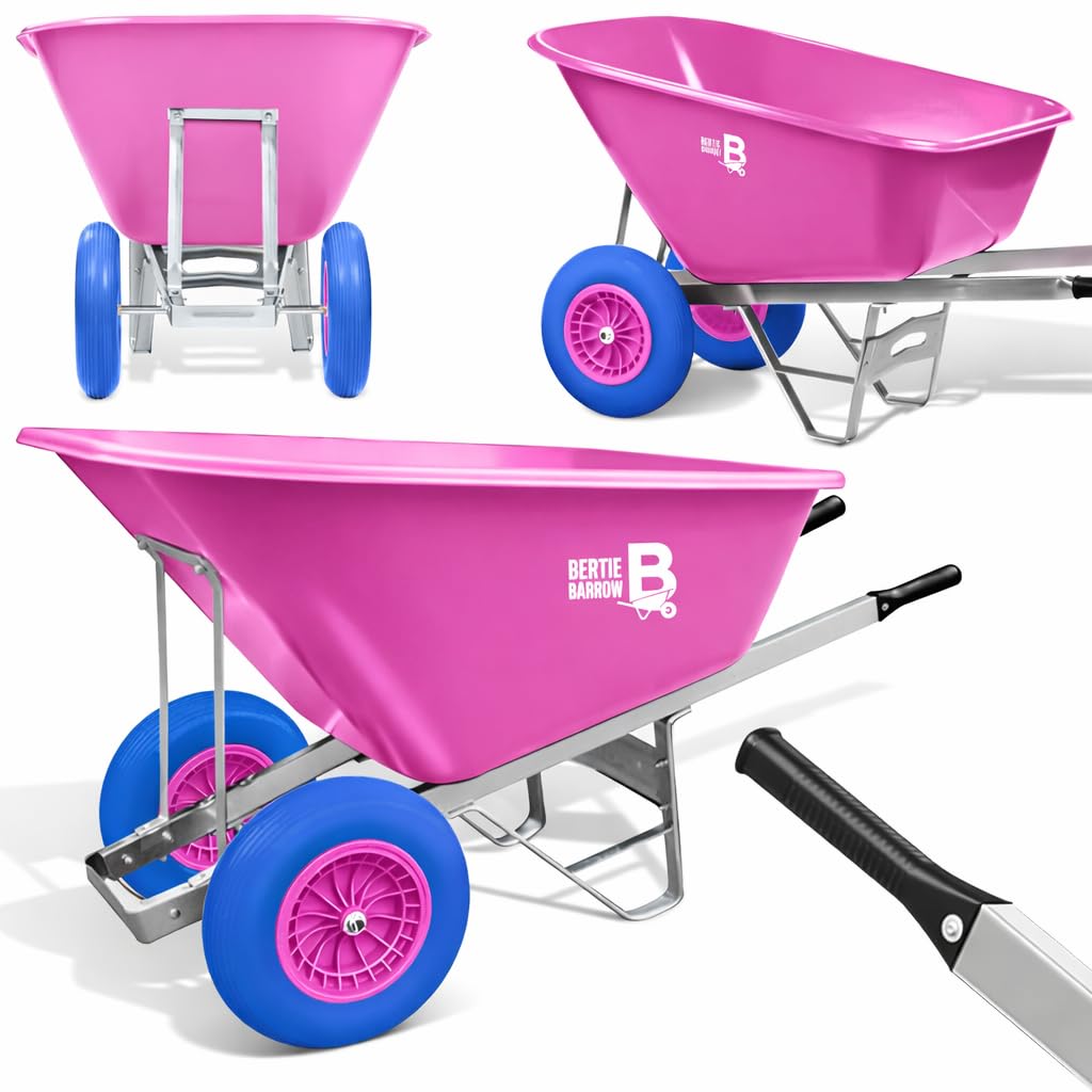 Wilcox Equimed Pink Equimed Garden Wheelbarrow - Extra Large Trolley With 200L Plastic Bucket, Puncture-Proof Pu Wheels, Galvanised Frame (Pink/Blue)