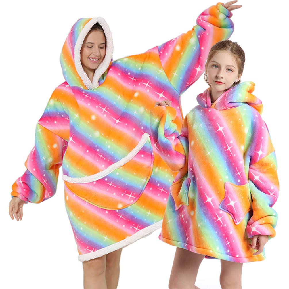 Youlike Women's Rainbow Oversized Wearable Blanket Hoodie For Adult Kids - Super Soft Sherpa Fluffy Fleece Sweatshirt Hooded With Giant Pocket(Rainbow)