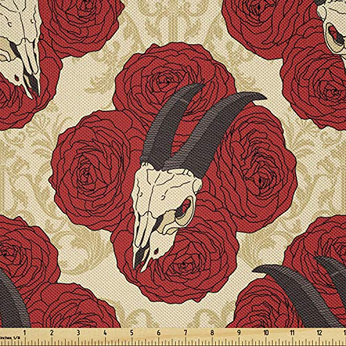 Lunarable Gothic Fabric by The Yard, Goat Skull on Red Roses Horn Pattern Animal Bone Traditional Art Print, Decorative Satin Fabric for Home Textiles and Crafts, 1 Yards, Vermilion Beige