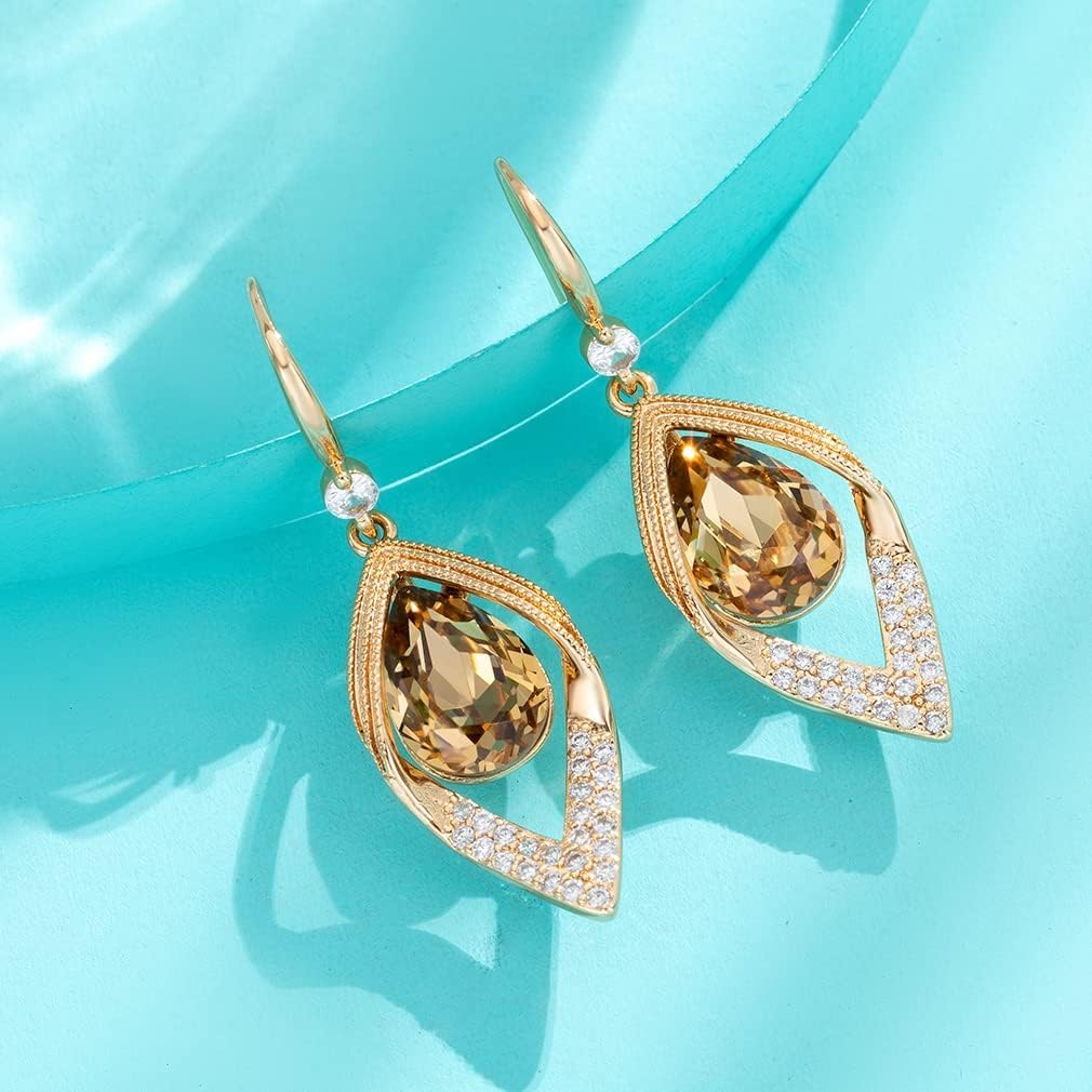 Austrian Crystal Teardrop Hollow Leaf Drop Dangle Earrings for Women 14K Rose Gold Plated Hypoallergenic Jewelry - Image 5