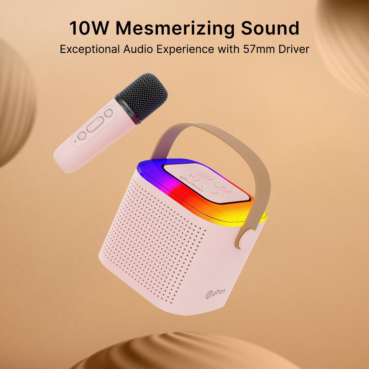pTron Newly Launched Fusion Tunes 10W Mini Bluetooth Speaker, Wireless Karaoke Mic, 8Hrs Playtime, Vivid RGB Lights, Voice Effects, Multi-Play Modes BT5.1/TF Card & Type-C Charging (Light Pink) 1