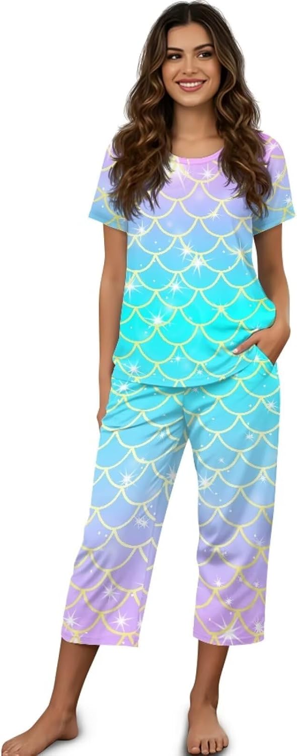 Women's Capri Pajama Sets Cute Print Short Sleeve Sleepwear Two Pieces Soft Loungewear with Pockets