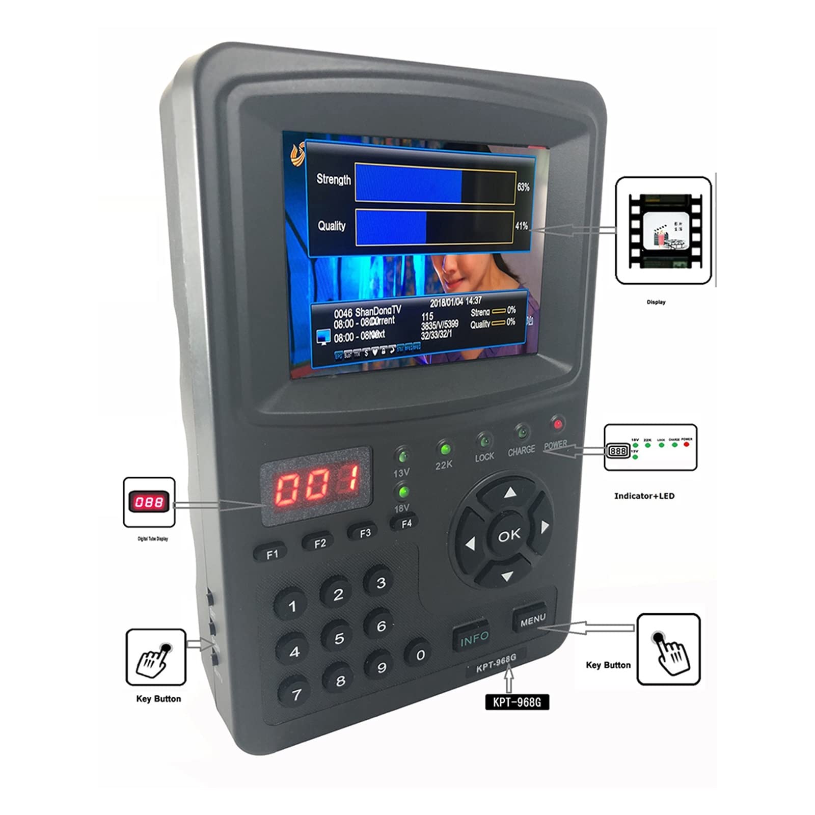 Digital Satellite Finder KPT 968HD Meter 3.5 TFT LED DVB-S2 DVB-S Sat MPEG-4 1080P Full HD Satfinder portatile KPT-968G Decodificatore del ricevitore