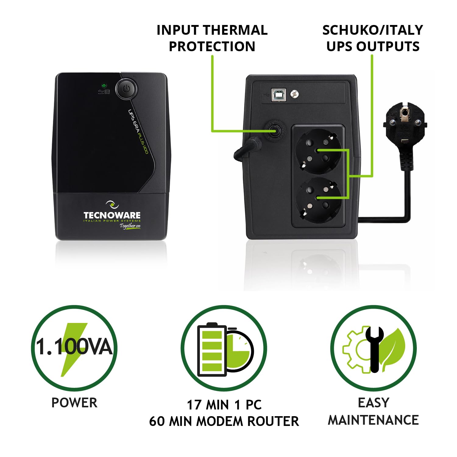 Tecnoware UPS 1100VA per PC/Modem, NO Gaming NO Console, Gruppo di Continuità ERA PLUS, 2 Schuko, Software, Protezione Blackout e Sbalzi tensione per PC/Modem, Videosorveglianza, Punto Cassa, NAS, POS