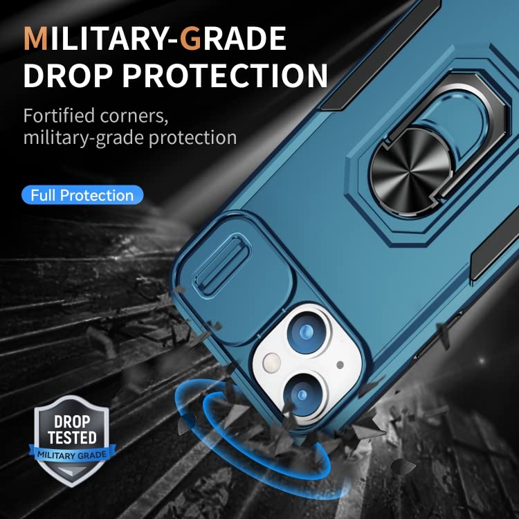 Image of Polycarbonate Back Cover Case Compatible for Apple iPhone 15 Plus with Slide Camera Cover & Rotated Ring Stand | Military Grade Mobile Phone Cover Case for Apple iPhone 15 Plus (Blue)