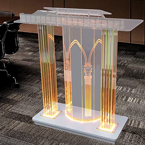 Soporte acrílico para podio con estante y ruedas, púlpito LED de lujo para conferencias y eventos