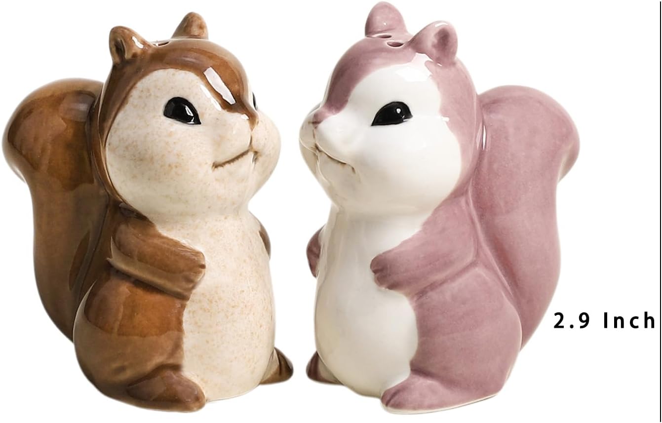Ceramic Squirrels Salt Pepper Shakers Set, 2 PCS Set of Animal Salt and Pepper Shakers, Brown and Pink