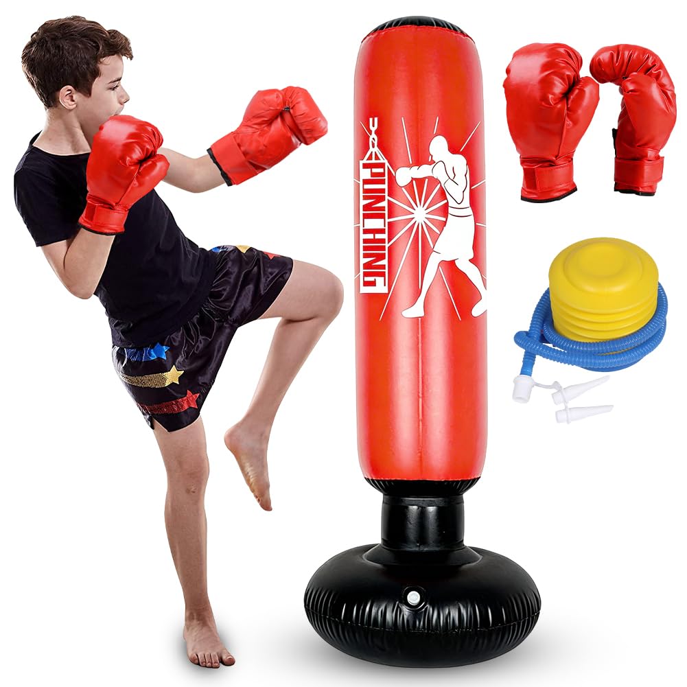 Sacco da boxe gonfiabile per bambini, sacco da boxe per bambini dai 6 ai 12 anni, 170 cm Sacco da boxe gonfiabile in piedi per bambini con guantoni da boxe e pompa, per allenamento Karate Taekwondo