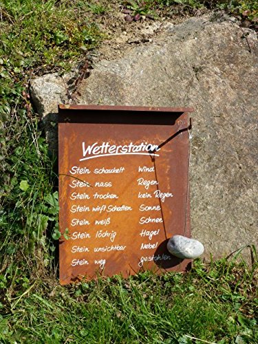 Dekoschild Wetterstation aus Metall (Edelrost) zum Hängen, 31 x 40 cm, Gaudischild mit Stein