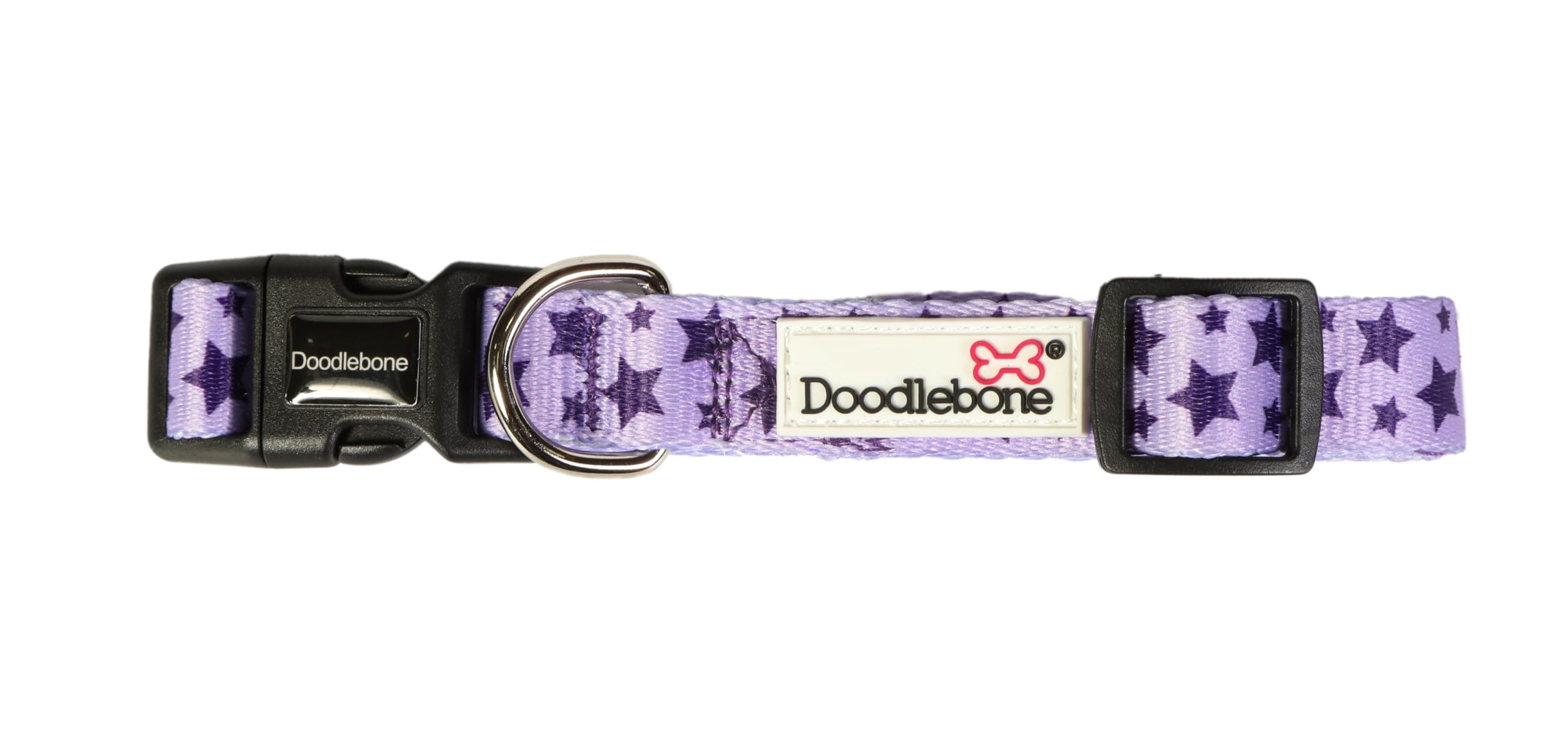 Doodlebone – Dog Collar – Adjustable Strong Collar with Secure D Ring, Strength Tested Components & Machine Washable Design for Everyday Walkies – Size 1-2, 22-30cm - Violet Stars
