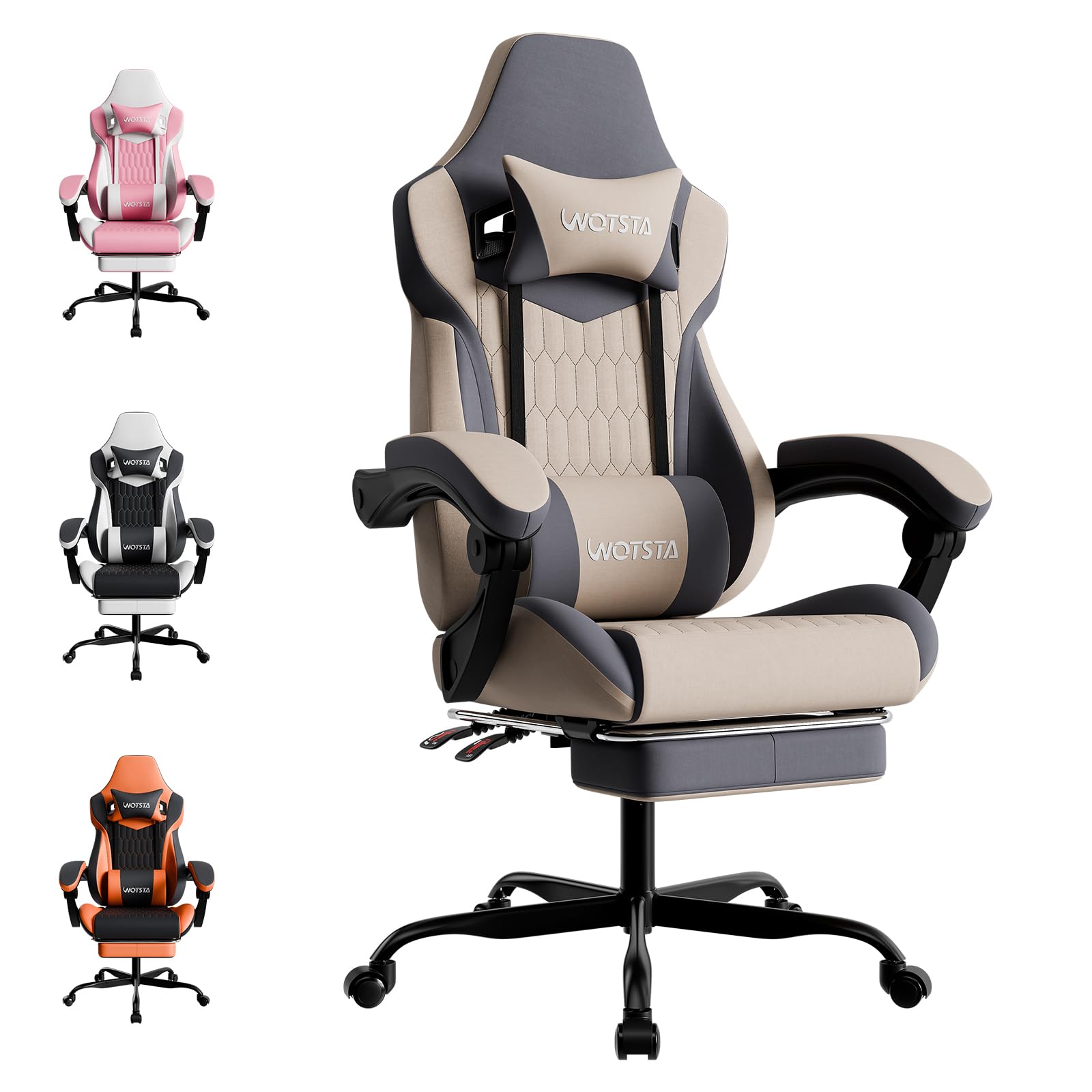 Sedia da gaming, ergonomica con poggiapiedi e supporto lombare, sedie per computer, altezza regolabile, per videogiochi o ufficio, beige blu